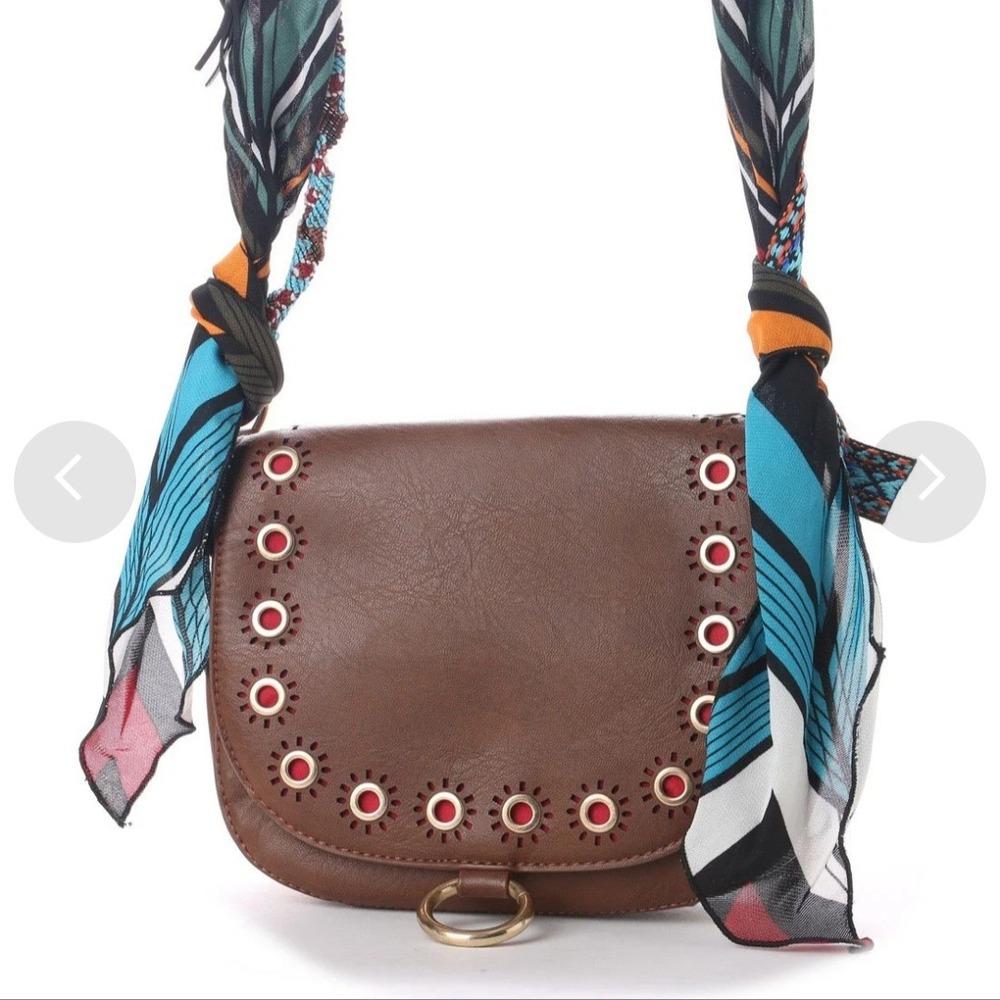 Desigual Bols Varsovia Jeans Brown Boho Crossbody Bag Scarf Strap Eyelet Studded